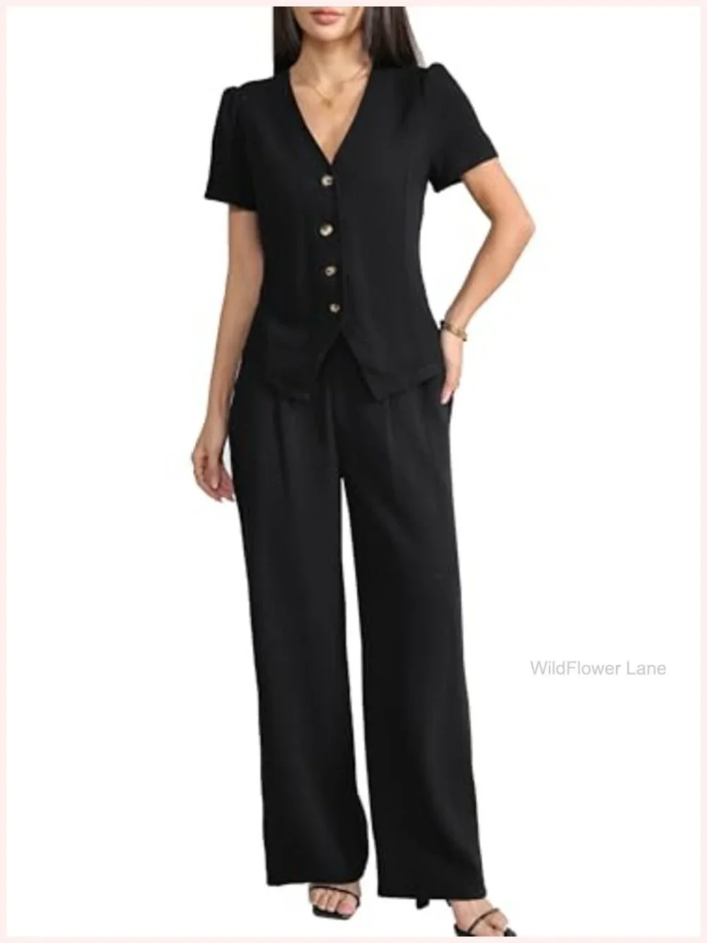 Women's Linen 2 Piece Outfit V Neck Short Sleeve Button Down Top Wide Leg Pant